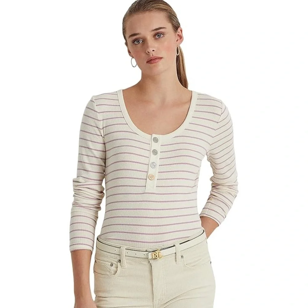 Lauren Ralph Lauren Long Sleeve Striped Henley Top in Mascarpone Cream